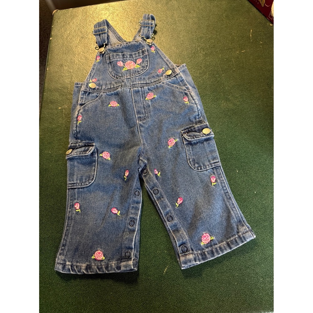 Vintage Baby Girl Rose Embroidered‎ Denim Cargo Overalls Medium Wash 12M